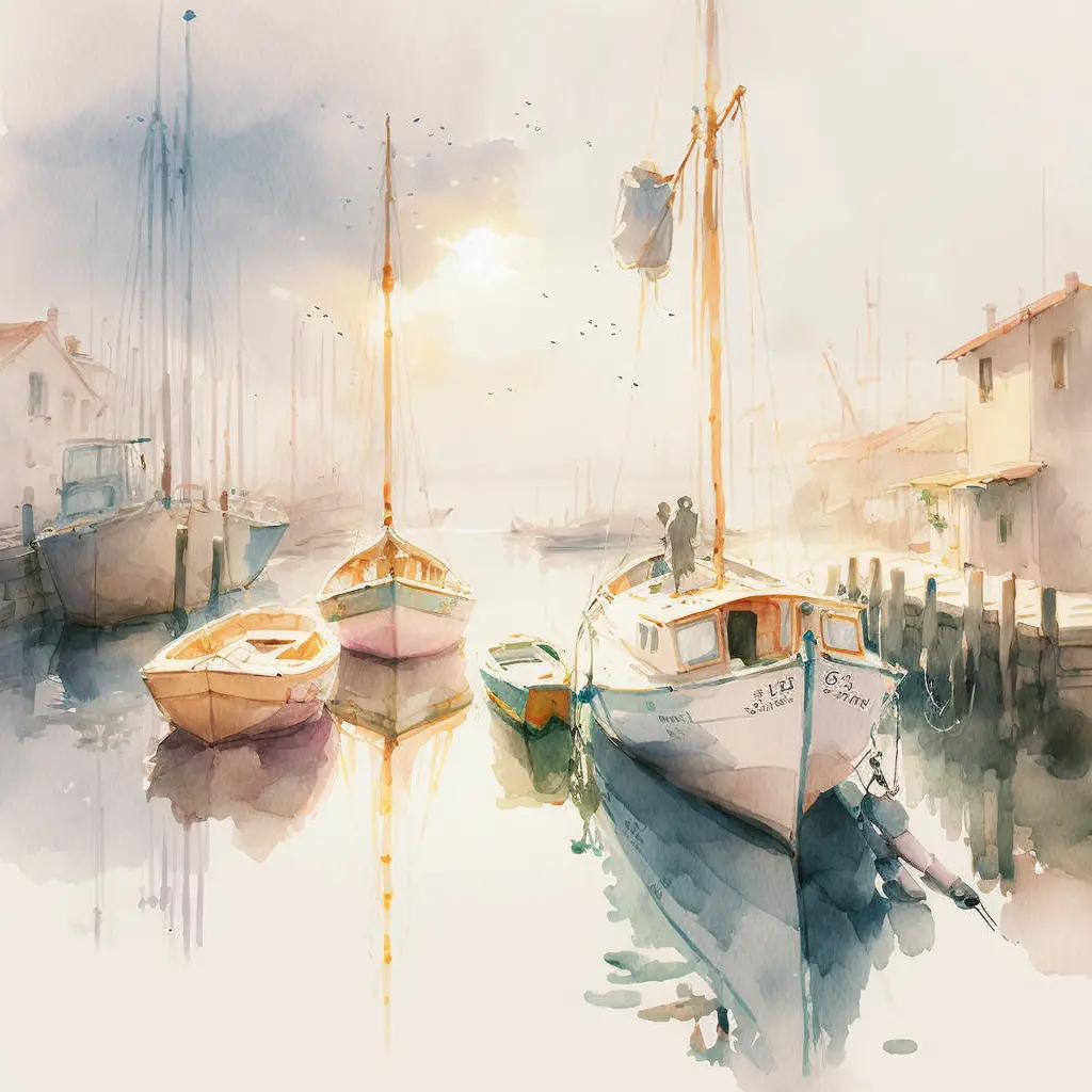 light watercolor, boats at the harbor, white background, few details, dreamy, Studio Ghibli